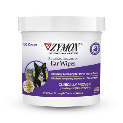 Picture of Zymox Advanced Enzymatic Ear Wipes for Dogs and Cats - for Dirty, Waxy, Smelly Ears - Premium Strength Ear Cleaner Wipes - Non-Irritating - Hypoallergenic - 100 ct