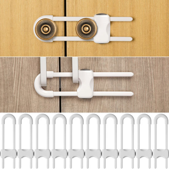 Picture of Jetec 10 Pieces Cabinet Locks for Babies, U-Shaped Proofing Drawers Safety Child Locks Adjustable, Easy to Use Childproof Latch for Knob Handle on Kitchen Door Storage Cupboard Closet (White)