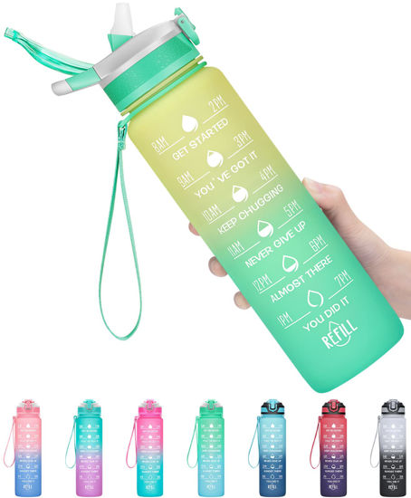 Picture of MEITAGIE 32oz Leakproof Motivational Sports Water Bottle with Straw & Time Marker, Flip Top Durable BPA Free Non-Toxic Frosted Bottle Perfect for Office, School, Gym and Workout