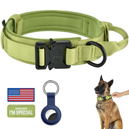 Picture of DAGANXI Tactical Dog Collar, Adjustable Military Training Nylon Dog Collar with Control Handle and Heavy Metal Buckle for Medium and Large Dogs, with Patches and Airtags Case (M, Spring Grass)