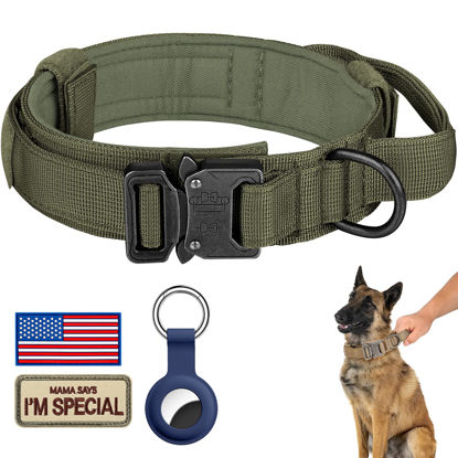 Picture of DAGANXI Tactical Dog Collar, Adjustable Military Training Nylon Dog Collar with Control Handle and Heavy Metal Buckle for Medium and Large Dogs, with Patches and Airtags Case (L, Green)