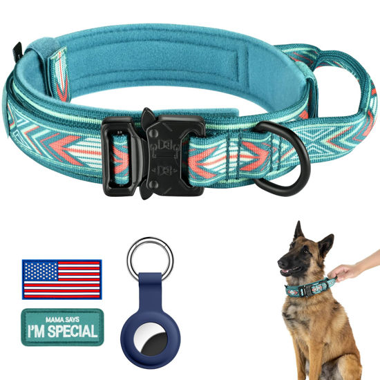 Picture of DAGANXI Tactical Dog Collar, Adjustable Military Training Nylon Dog Collar with Control Handle and Heavy Metal Buckle for Medium and Large Dogs, with Patches and Airtags Case (M, Green Arrow)