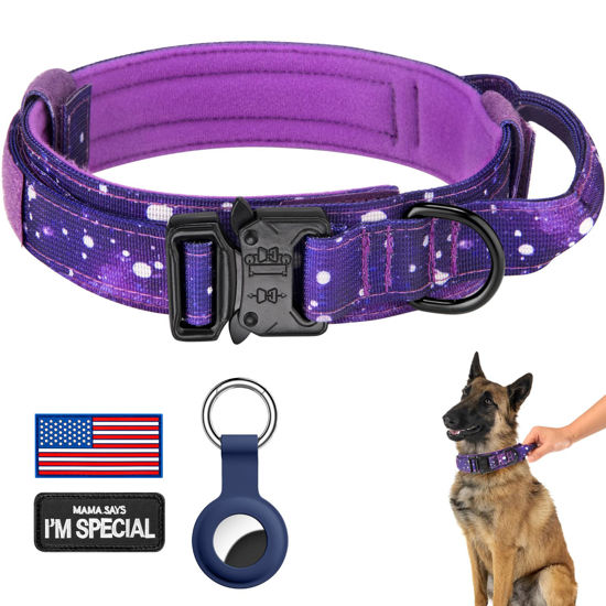 Picture of DAGANXI Tactical Dog Collar, Adjustable Military Training Nylon Dog Collar with Control Handle and Heavy Metal Buckle for Medium and Large Dogs, with Patches and Airtags Case (M, Purple Sky)