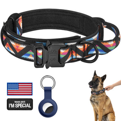 Picture of DAGANXI Tactical Dog Collar, Adjustable Military Training Nylon Dog Collar with Control Handle and Heavy Metal Buckle for Medium and Large Dogs, with Patches and Airtags Case (M, Colorful Triangle)