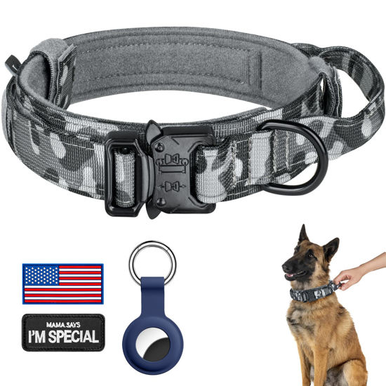 Picture of DAGANXI Tactical Dog Collar, Adjustable Military Training Nylon Dog Collar with Control Handle and Heavy Metal Buckle for Medium and Large Dogs, with Patches and Airtags Case (M, Camo)