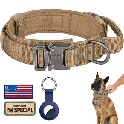 Picture of DAGANXI Tactical Dog Collar, Adjustable Military Training Nylon Dog Collar with Control Handle and Heavy Metal Buckle for Medium and Large Dogs, with Patches and Airtags Case (L, Brown)