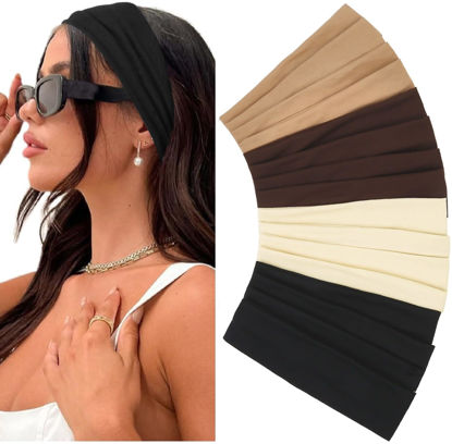 Picture of Elastic Non-Slip Soft Cloth Fabric Women's Headbands 16 Pack - Yoga, Running, Sports Hair Accessories in Black, Brown, Beige, Thick