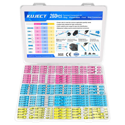 Picture of Kuject Heat Shrink Wire Connectors, Multipurpose Waterproof Electrical Wire Terminals kit, Insulated Crimp Connectors Ring Fork Spade Butt Splices for Automotive Marine Boat Truck (260PCS)