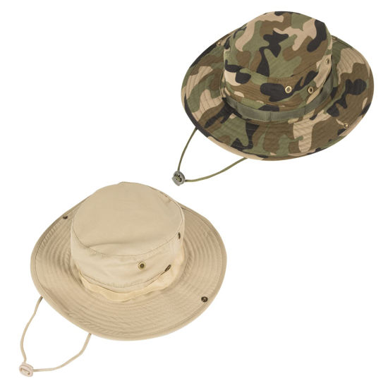 Picture of Sun Hats for Men Women Bucket Hat UPF 50+ Boonie Hat Foldable UV Protection Hiking Beach Fishing Summer Safari(2pack-Jungle Camo+Beige)