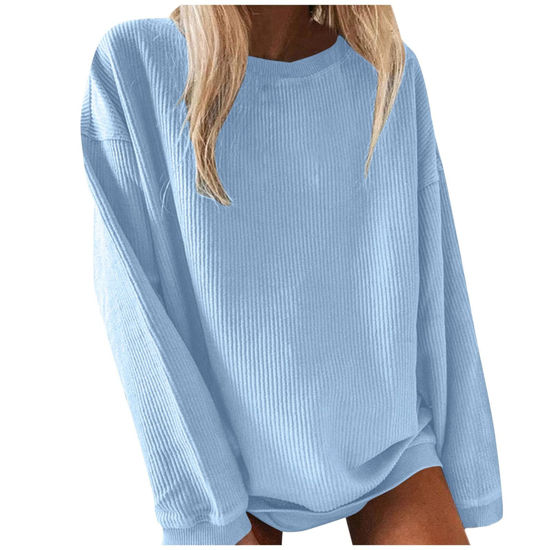 Picture of Oversized Sweatshirt Women Pullover Tops, Fall Tops Ladies Fashion Clothes Crewneck Long Sleeve Drop Shoulder Pullover 01-Blue,Small