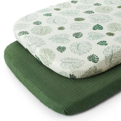 Picture of Blissful Diary Muslin Bassinet Sheets for Baby Girls Boys, Boho Soft Cotton Fitted for Oval Hourglass Rectangle Mattress, 2 Pack(Monstera&Dark Green)