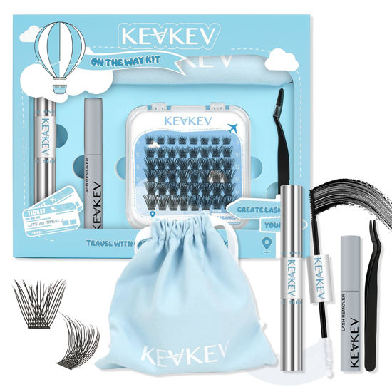 Picture of KevKev Lash Extension Kit for Travel, Portable Eyelash Extension Kit, Lash Clusters Kit 40Pcs Eyelash Clusters with Lash Bond and Seal Remover Tweezers Organizer Bag (Caramel,D-8-16mix Travel Kit)