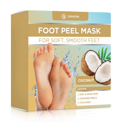 Picture of DERMORA Exfoliating Foot Peel Mask for baby soft feet, Dry, Cracked, Callus, Dead Skin Remover Coconut Scent, 2 Pack of Regular Size