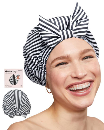 Picture of Kitsch Luxury Shower Cap for Women Waterproof - Reusable Shower Cap, Hair Cap for Shower, Waterproof Hair Shower Caps for Long Hair, Non-Slip Cute Shower Cap One Size, Chic Shower Bonnet - Stripe