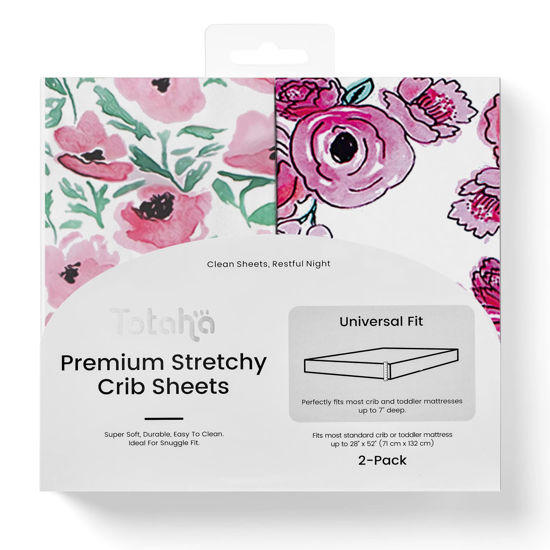 Picture of TotAha Premium Stretchy Crib Sheets Girl (2-Pack)UPGRADED 9'' Extra Deep Pocket, Hypoallergenic, Silky Comfort, Ultra Soft, Jersey-Knit Crib Mattress Sheets Fitted (Watercolor Floral & Gouache Flower)