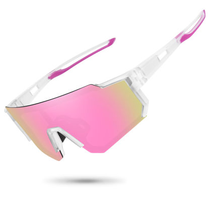 Picture of STORYCOAST Polarized Sports Sunglasses for Men Women,Driving Fishing Cycling Mountain Bike Sunglasses UV400 Protection Clear Frame-Pink Mirror Lens