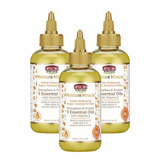 Picture of African Pride Moisture Miracle 5 Essential Oils - Contains Castor, Grapeseed, Argan, Coconut & Olive Oil, Seals in Moisture & Adds Shine, Vitamin E, 4 oz (3 Pack)