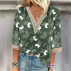 Picture of Women's Summer 2023 Top Trendy Elegant Casual Dressy with Sleeves Tops Boho Floral Print Plus Size 2023 Summer Blouses for Women Dressy 3/4 Sleeve Lace Trim Clothes V Neck Going Out