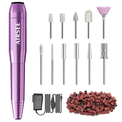 Picture of AIRSEE N24 Portable Electric Nail Drill Professional Efile Nail Drill Kit for Acrylic, Gel Nails, Manicure Pedicure Polishing Shape Tools with 11Pcs Nail Drill Bits and 56 Sanding Bands Purple