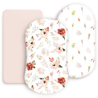 Picture of Stretchy Ultra Soft Bassinet Fitted Sheets 3 Pack, Universal Fitted for Bassinets Oval Rectangle Mattress, Pretty Bassinet Sheets for Baby Girls, Watercolor Rose Flora Orange Pink