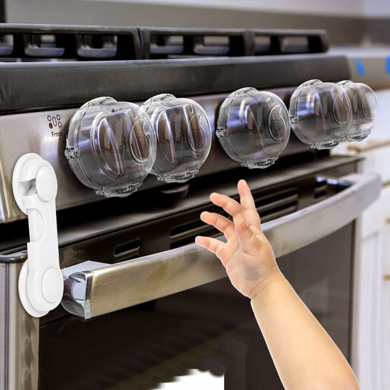 Picture of Mom's Choice Gold Awards Winner - Stove Knob Covers for Child Safety (5 + 1 Pack) Double-Key Design and Upgraded Universal Size Gas Knob Covers Clear View Childproof Oven Knob Covers for Kids and Pets