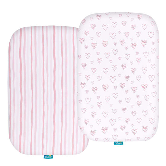 Picture of Bassinet Sheets Compatible with Arm's Reach Co-Sleeper Bassinet, 2 Pack, 100% Jersey Cotton Fitted Sheets, Breathable and Heavenly Soft, Pink Stripes and Hearts Print for Baby