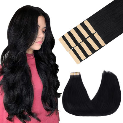 Picture of GOO GOO Tape in Hair Extensions Human Hair, 1 Jet black, 14inch 25g 10pcs, Thick Ends Straight Seamless Tape in, Invisible Tape in Hair Extensions Human Hair