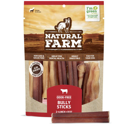 Picture of Natural Farm Odor-Free Bully Sticks (2-4”, 8oz) All-Natural Long-Lasting Chews, 100% Beef Pizzle, Grass-Fed, Grain-Free, Hormone-Free, Protein for Muscle Development & Energy, Perfect for Small Dogs