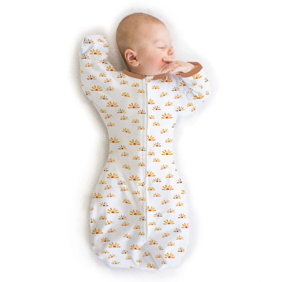 Picture of SwaddleDesigns Transitional Swaddle Sack with Arms Up Half-Length Sleeves and Mitten Cuffs, Watercolor Sunny Days, Medium, 3-6 Mo, 14-21 lbs (Better Sleep, Easy Swaddle Transition)