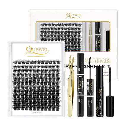 Picture of QUEWEL DIY Eyelash Extensions Kit, Lash Clusters 144 Pcs, Applicator Tool, Super Hold Cluster Lashes Bond and Seal, Glue Remover Easy to Apply at Home(Honey01-Kit)