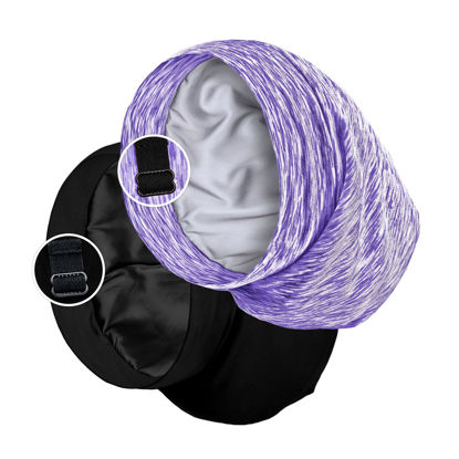 Picture of Satin Lined Sleep Cap Bonnet for Curly Hair and Braids, Stay On All Night Hair Wrap with Adjustable Strap for Women and Men, Black and Purple, Pack of 2