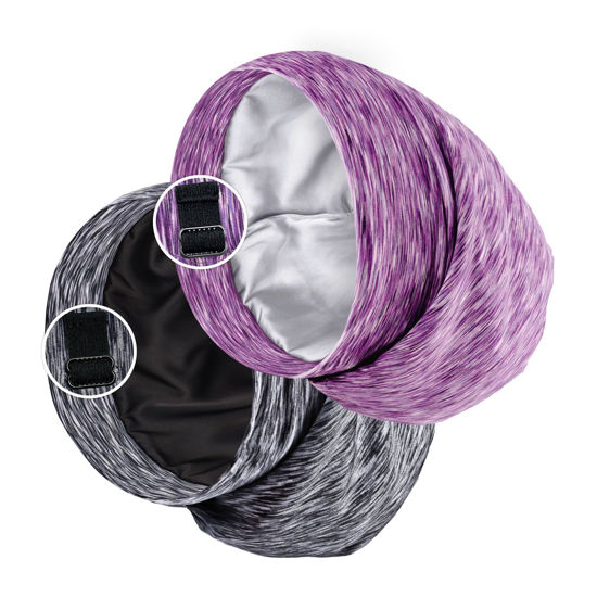 Picture of Satin Lined Sleep Cap Bonnet for Curly Hair and Braids, Stay On All Night Hair Wrap with Adjustable Strap for Women and Men, Black and Purple, Pack of 2