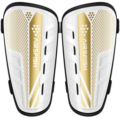 Picture of Upgraded Soccer Shin Guards Kids Youth, CE Certified AirsFish Shin Pads Protection Gear for 2-18 Years Old Boys Girls Teenagers EVA High Impact Resistant Breathable Comfortable 1 Pair White+Gold XS