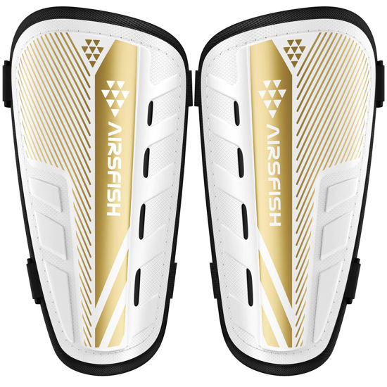 Picture of Upgraded Soccer Shin Guards Kids Youth, CE Certified AirsFish Shin Pads Protection Gear for 2-18 Years Old Boys Girls Teenagers EVA High Impact Resistant Breathable Comfortable 1 Pair White+Gold XS