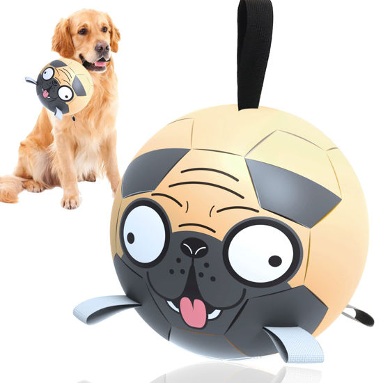 Picture of QDAN Pug Dog Toys Soccer Ball with Straps, Interactive Dog Toys for Tug of War, Puppy Birthday Gifts, Dog Tug Toy, Dog Water Toy, Durable Dog Balls for Dog（8 Inch）