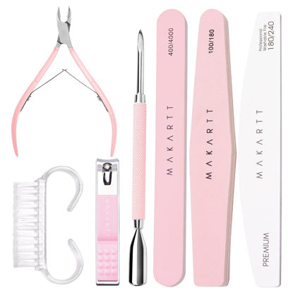 Picture of Makartt Nail File and Buffer, Pink Basic Nail Prep Kit with Cuticle Trimmer, Beginner Manicure Kit Nail Care Kit with Cuticle Clipper, Cuticle Trimmer and Nail Brush for Natural Acrylic Nails(7pcs)