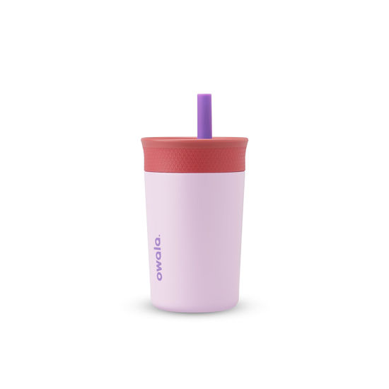 Picture of Owala Kids Insulation Stainless Steel Tumbler with Spill Resistant Flexible Straw, Easy to Clean, Kids Water Bottle, Great for Travel, Dishwasher Safe, 12 Oz, Pink and Purple (Lilac Rocket)