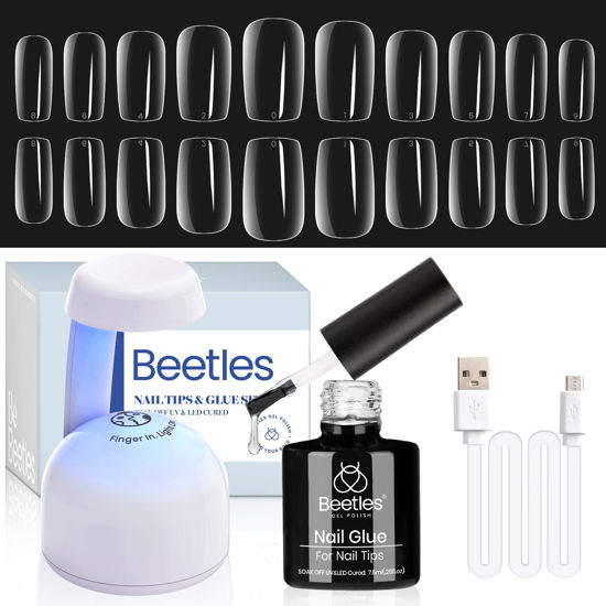 Picture of Beetles Gel Nail Kit Easy Nail Extension Set 500Pcs Pre shaped Short Square False Nail Tips with 5 in 1 Mutipurpose Glue Gel Base Uv Led Nail Lamp for Nail Art Diy Home