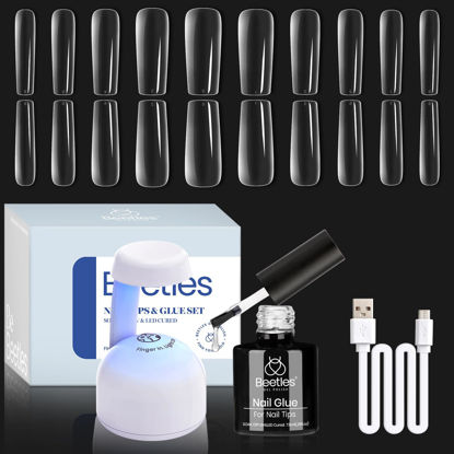 Picture of Beetles Gel Nail Kit Easy Nail Extension Set with 500Pcs Nail Tips Long Square Shape 5 In 1 Nail Glue Base Gel and Innovative UV Led Lamp Easy Diy Nails Art Home Acrylic False Nail Tips Kit