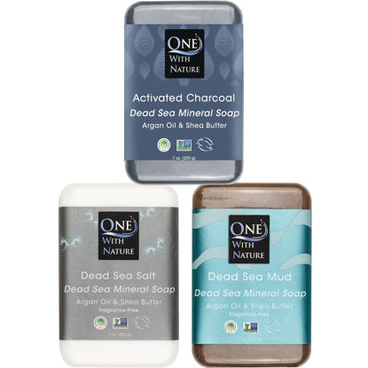 Picture of One With Nature 7oz Bar Variety 3Pk-Mud, Activated Charcoal, and Dead Sea Mineral Soap with Argan Oil & Shea Butter - Dead Sea Salt Contains Magnesium, Sulfur & 21 Essential Minerals - Acne, Eczema