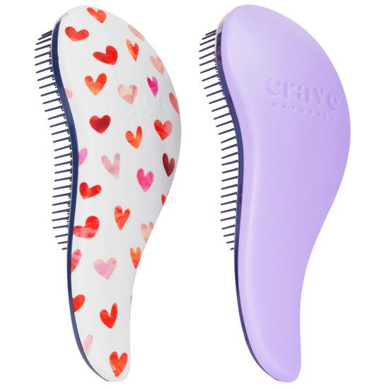 Picture of Crave Naturals Glide Thru Detangling Hair Brushes for Adults & Kids Hair - Detangler Hairbrush for Natural, Curly, Straight, Wet or Dry Hair - Hair Brushes for Women - 2 Pack - Pink Hearts & Purple