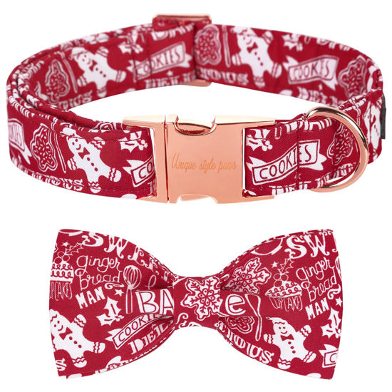 Picture of Unique style paws Christmas Dog Collar with Bow Tie Winter Gingerbread Snowman Theme Puppy Collar for Small Medium Large Dogs-M