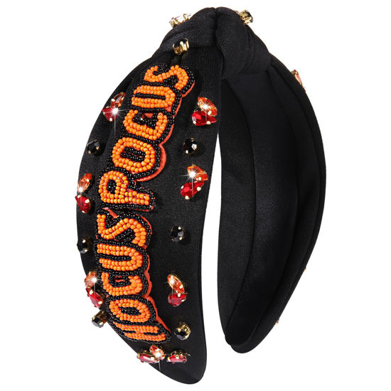 Picture of Halloween Headbands for Women Halloween Accessories Beaded Boo Trick or Treat Knotted Headband Embellished Rhinestone Pearl Top Knot Headbands Halloween Costume Party Hair Accessory (HOCUS POCUS 2)