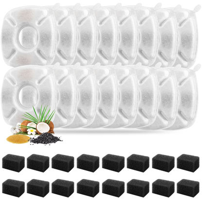 Picture of 32 Pcs Cat Water Fountain Replacement Filters- 16 Pack Cat Fountain Filters with 16 Pack Pre-Filter Sponges, Pet Fountain Filter Fit for 95oz/2.8L Automatic Pet Fountain Cat Water Fountain