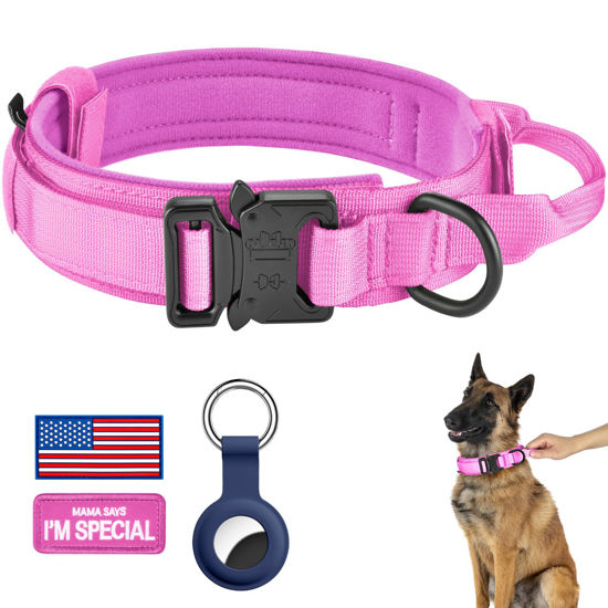 Picture of DAGANXI Tactical Dog Collar, Adjustable Military Training Nylon Dog Collar with Control Handle and Heavy Metal Buckle for Medium and Large Dogs, with Patches and Airtags Case (L, Pink)