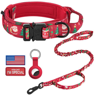 Picture of DAGANXI Tactical Dog Collar, Adjustable Military Training Nylon Dog Collar with Control Handle and Heavy Metal Buckle for Medium and Large Dogs, with Patches and Airtags Case (M, Christmas red-Set)