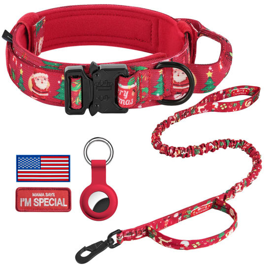 Picture of DAGANXI Tactical Dog Collar, Adjustable Military Training Nylon Dog Collar with Control Handle and Heavy Metal Buckle for Medium and Large Dogs, with Patches and Airtags Case (M, Christmas red-Set)