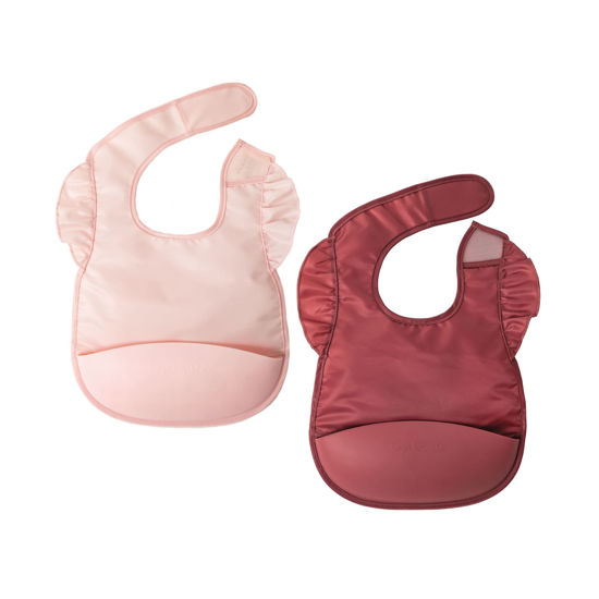 Picture of Tiny Twinkle Silicone Pocket Bibs - Waterproof Bibs Babies, Food Catching, Mess-Proof Bibs for 6-24 Months Old Baby Boy and Girl, Toddlers, 2-Pack (Rose, Burgundy)