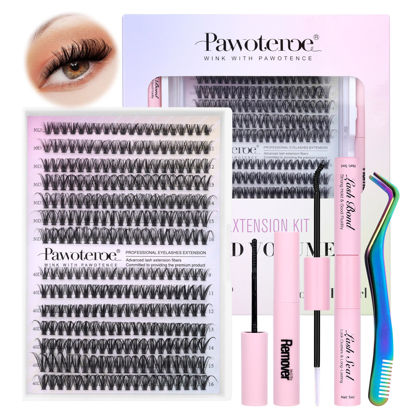 Picture of Pawotence Lash Extension Kit DIY 280pcs Individual Lash Clusters Kit 30D 40D Cluster Eyelash Extensions Kit with Lash Bond and Seal, Lash Remover, Lash Tweezers for Self Use (30D&40D, 9-16mm, All Kit)