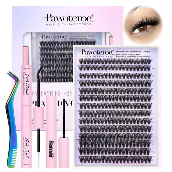 Picture of Pawotence Lash Extension Kit DIY 280pcs Individual Lash Clusters Kit 9-16mm 40D Cluster Eyelash Extension Kit with Lash Bond and Seal, Lash Remover, Lash Tweezers for Self Use (40D, 9-16mm, All Kit)